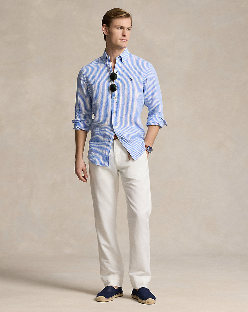 Custom Fit Striped Linen Shirt Blue/White