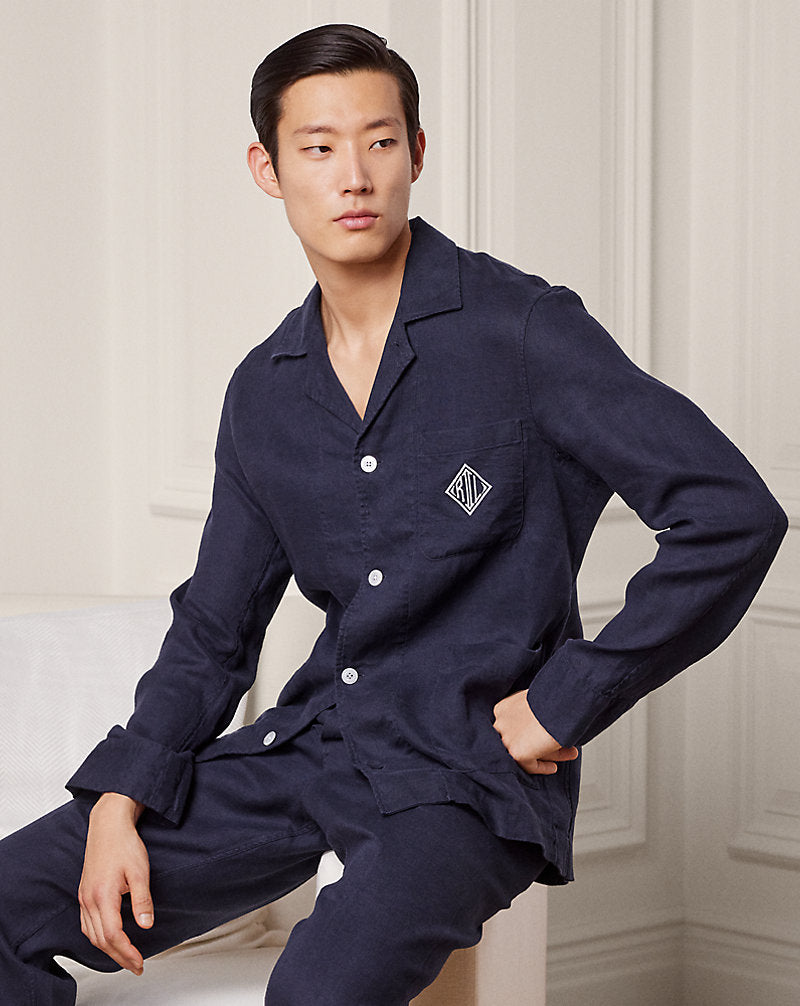 Monogram Linen Pyjama Set Navy
