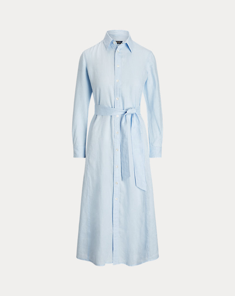 Leinen-Langarm-Hemdblusenkleid Hellblau