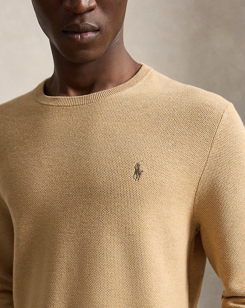 Mesh-Knit Cotton Crewneck Jumper Camel Melange
