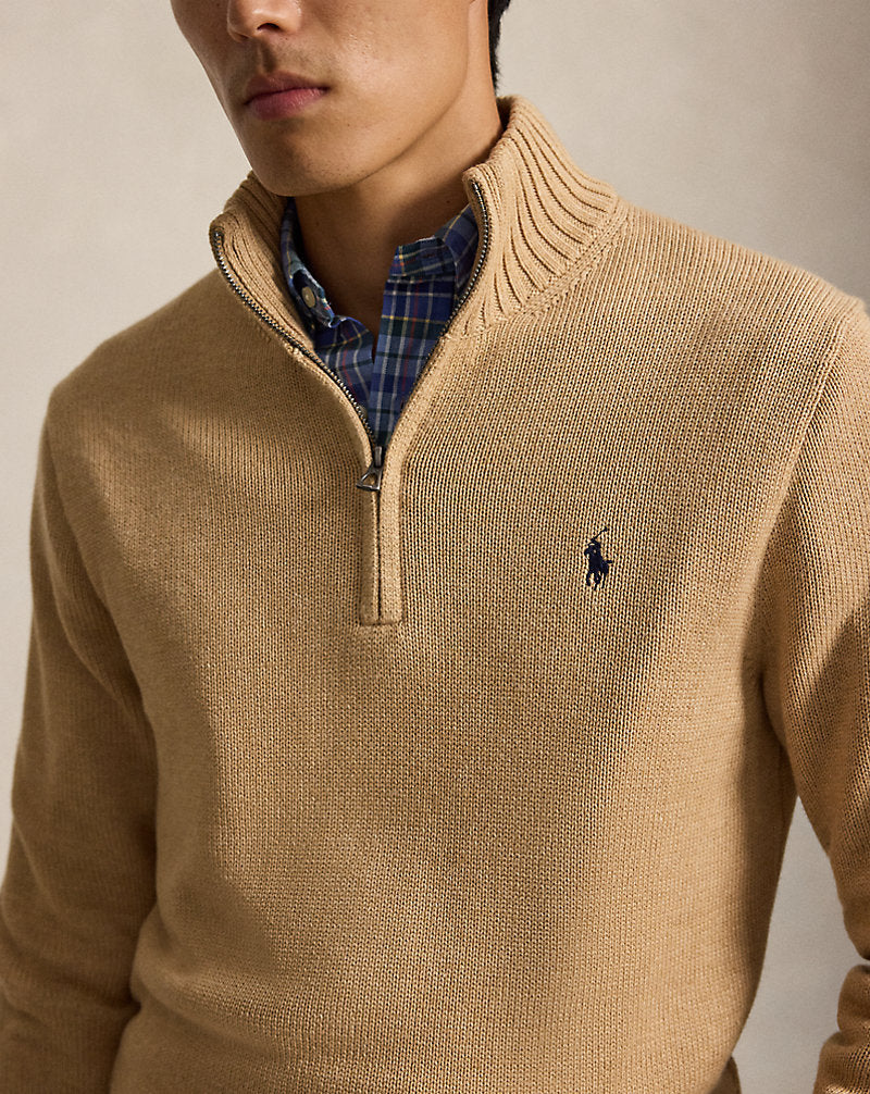 Cotton Quarter-Zip Jumper Camel Melange