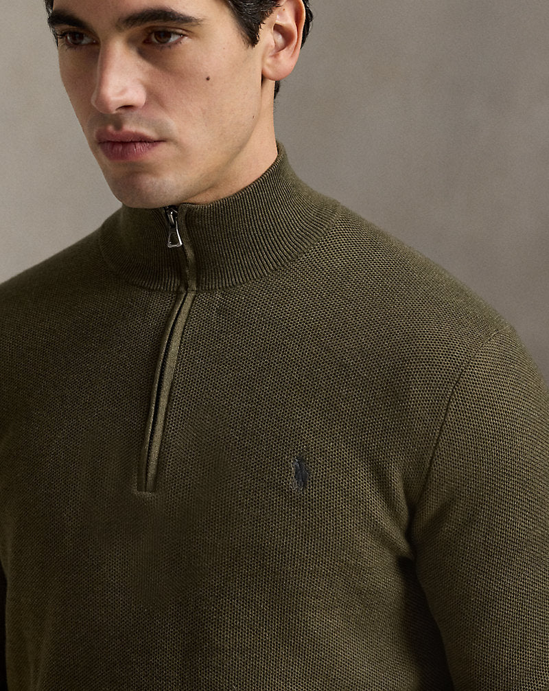 Mesh-Knit Cotton Quarter-Zip Jumper Cargo Olive Hthr