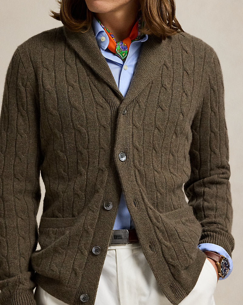 Cable-Knit Cashmere Shawl Cardigan Cargo Olive Hthr