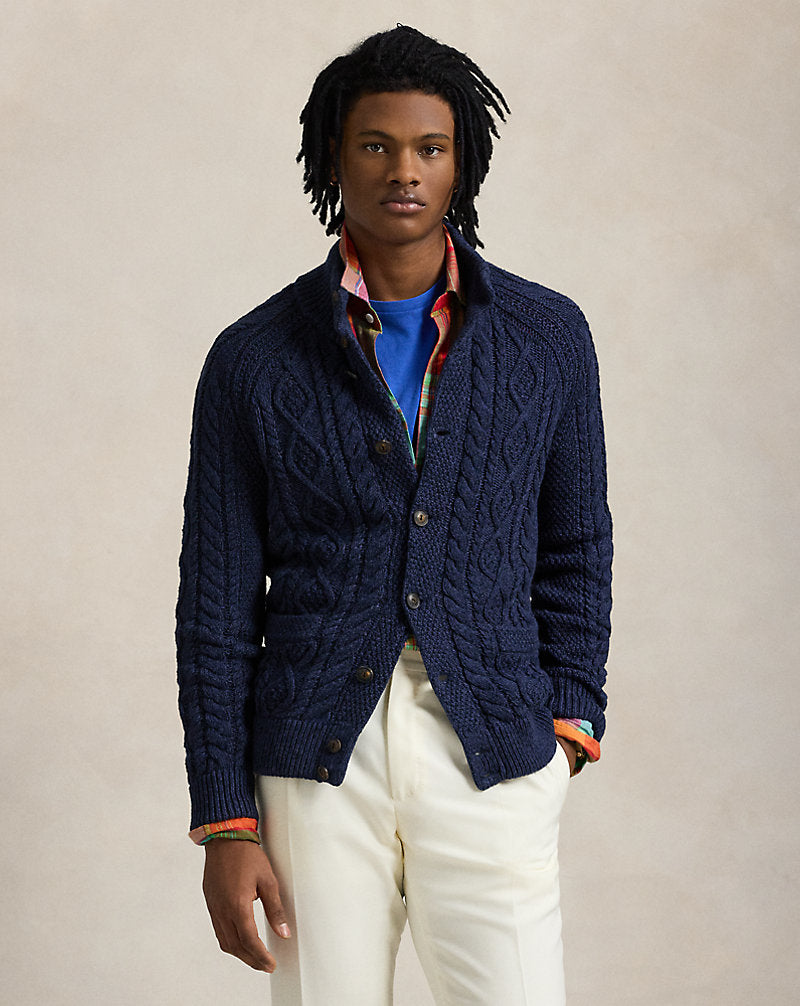 Aran-Knit Marled Cotton Cardigan Navy Combo