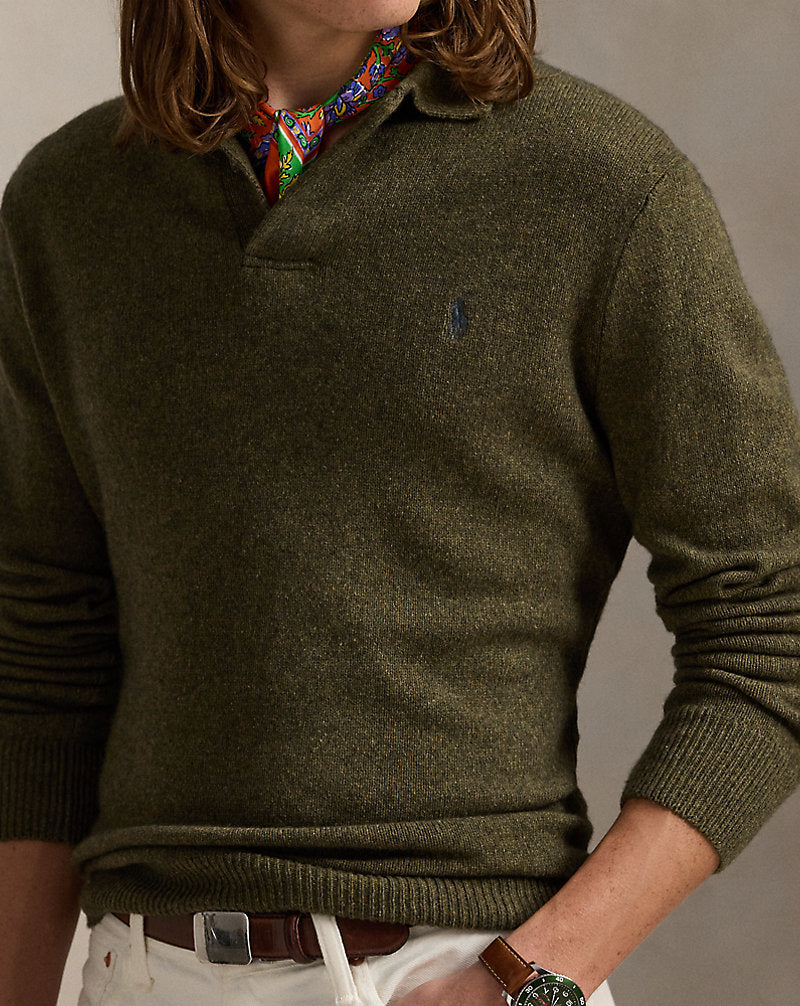 Wool-Cotton Polo Collar Jumper Cargo Olive Hthr