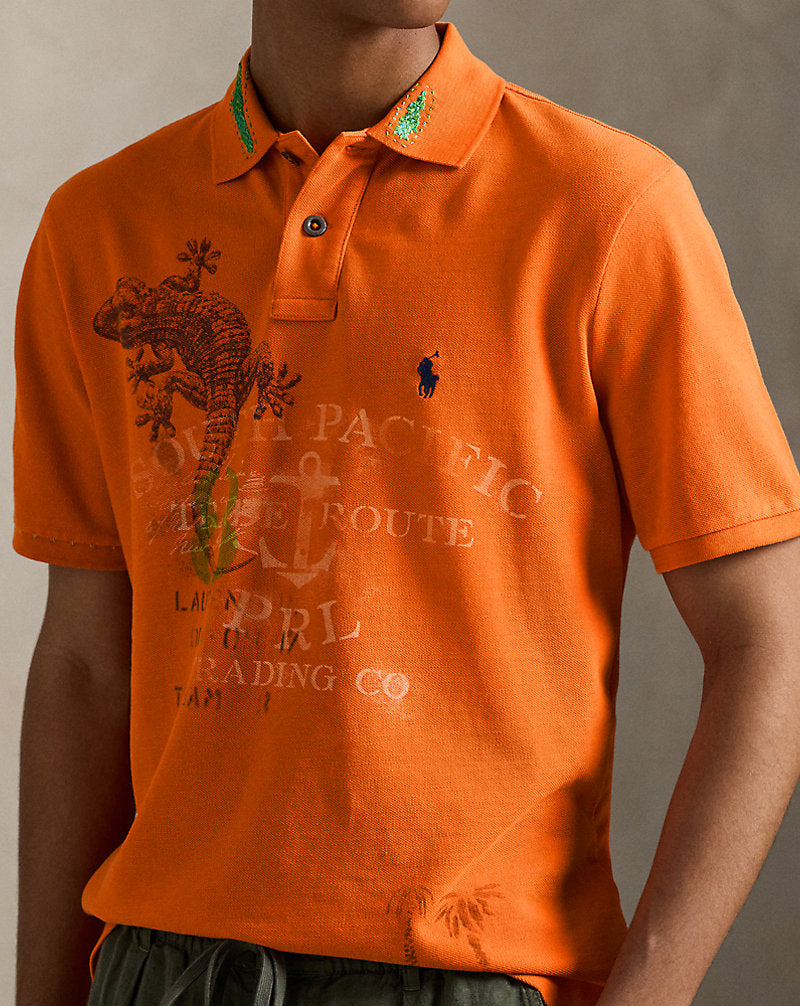 Classic Fit Mesh Graphic Polo Shirt Kona Orange