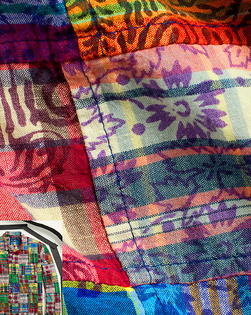 Classic Fit Patchwork Madras Camp Shirt Block Print Patchwor