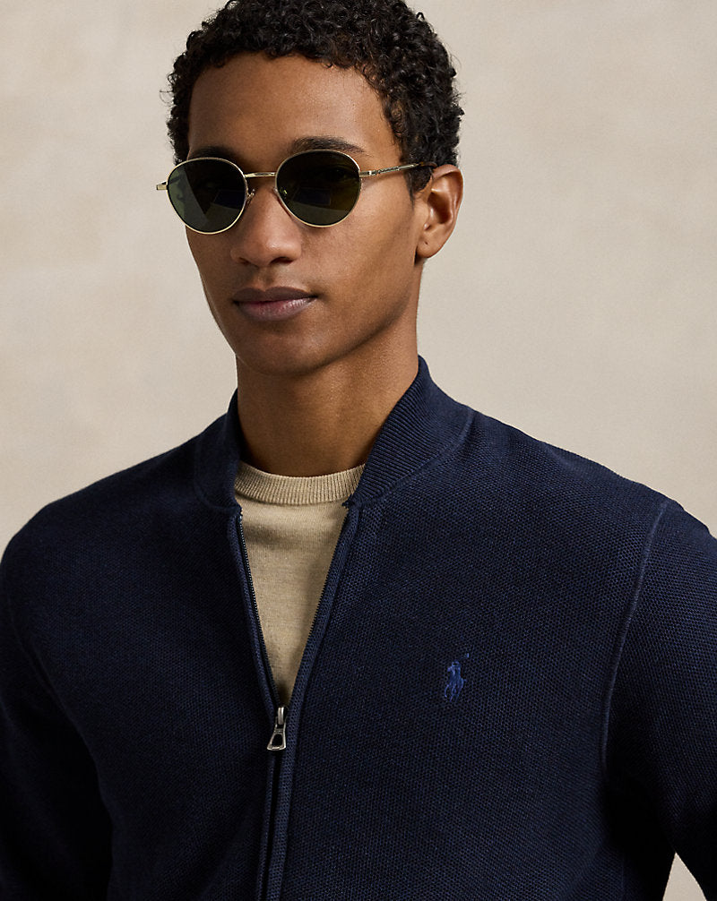 Mesh-Knit Cotton Full-Zip Jumper Navy Heather