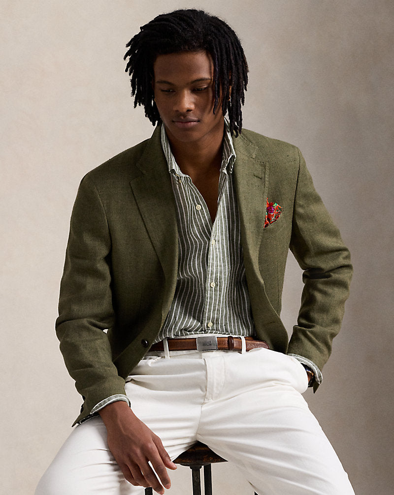 Custom Fit Striped Linen Shirt New Olive White