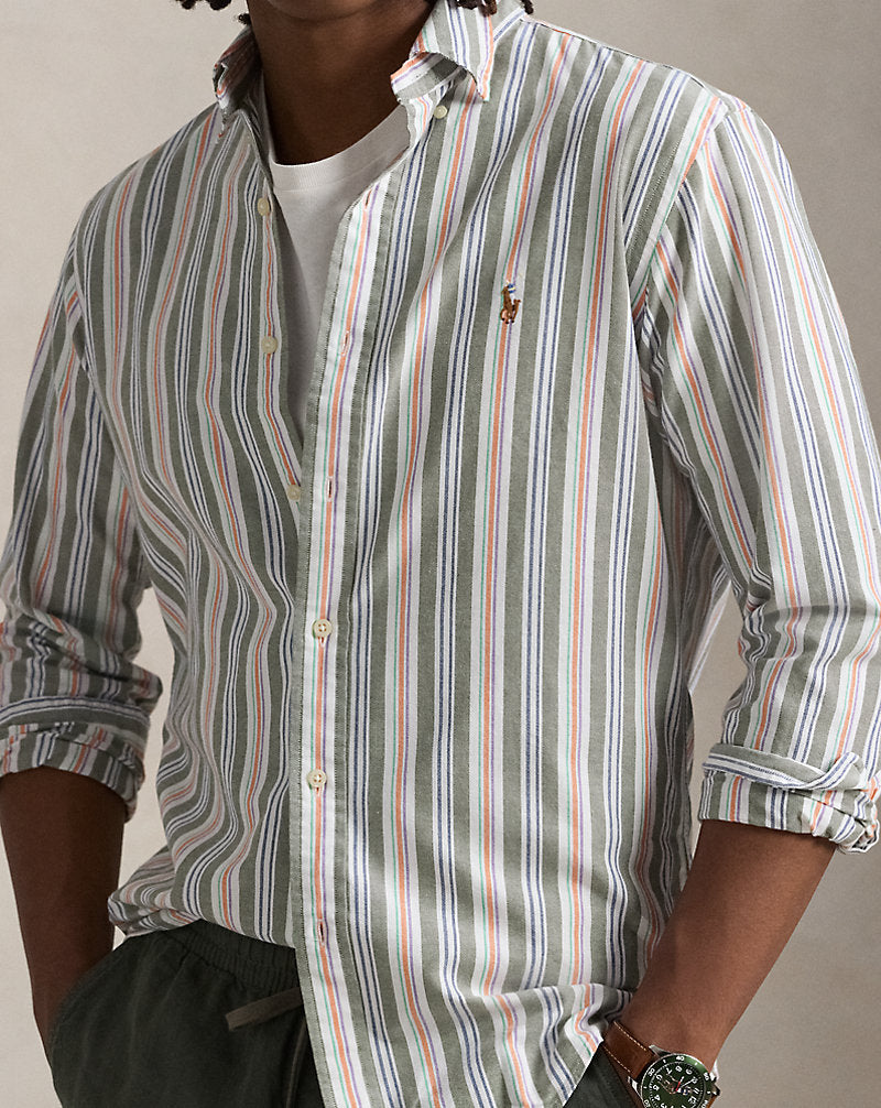 Custom Fit Striped Oxford Shirt Olive Orange Multi