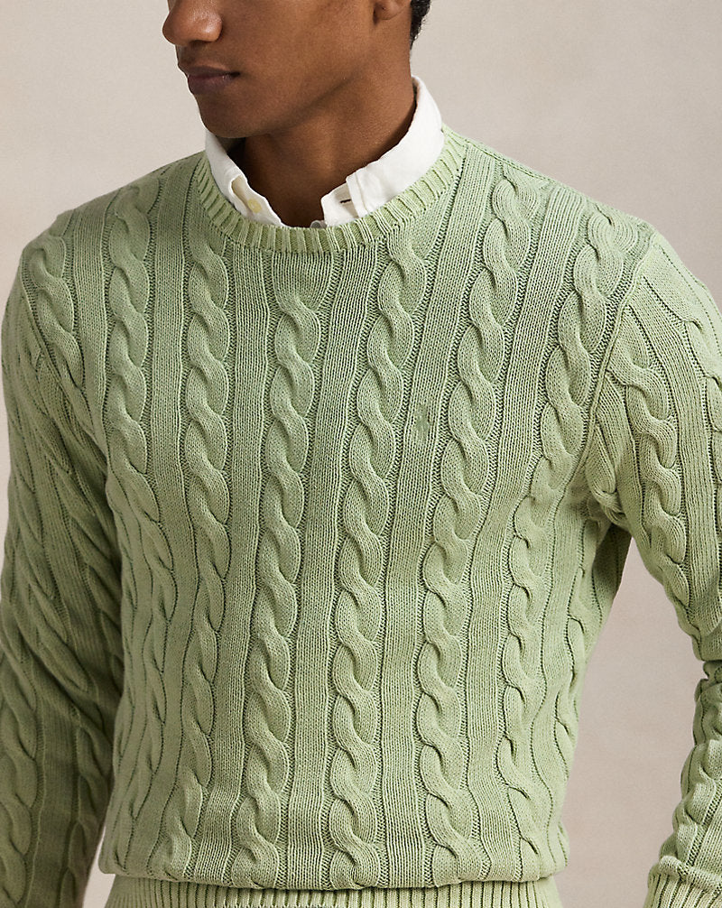 Cable-Knit Mineral-Dyed Cotton Jumper Greenstone