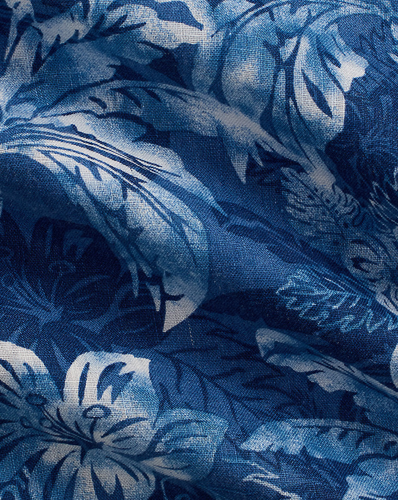 Classic Fit Tropical-Print Linen Shirt Indigo Palm Shadow
