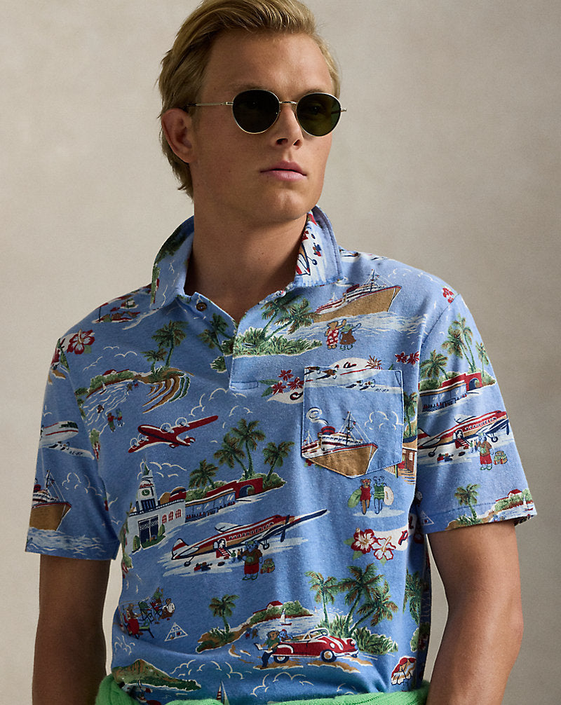 Standard Fit Bear Linen-Cotton Polo Holiday Bear Print