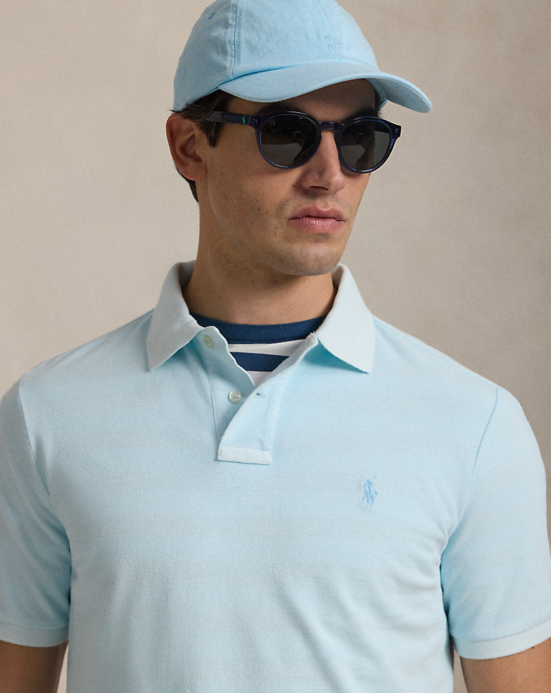 Custom Slim Mineral-Dyed Mesh Polo Shirt Sky