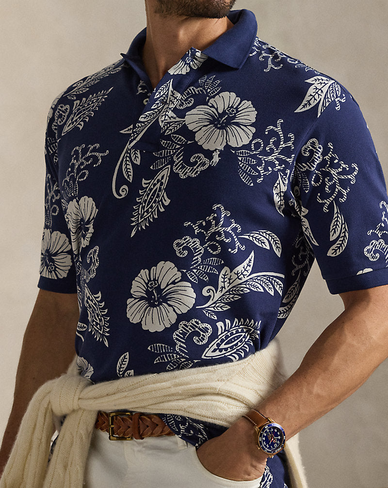 Hibiscus-Print Mesh Polo Shirt Two Tone Hibiscus