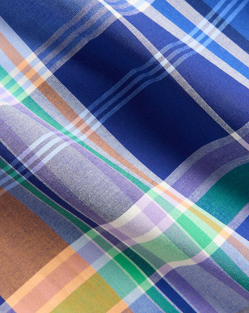 Plaid Stretch Poplin Shirt Blue Orange Multi