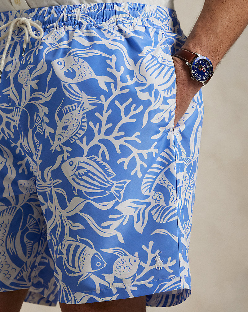 Traveller Classic Fit Swimming Trunks Fish Coral Light Blue
