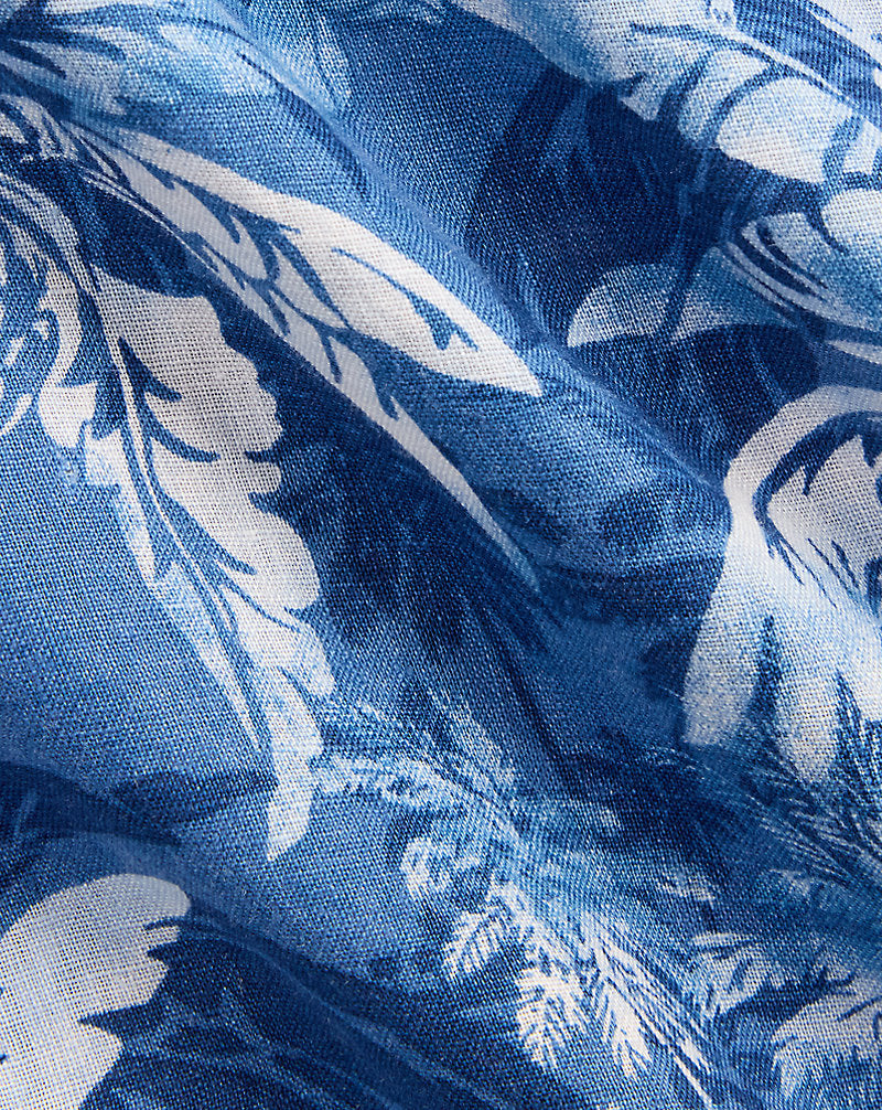 Tropical-Print Linen Camp Shirt Indigo Palm Shadow