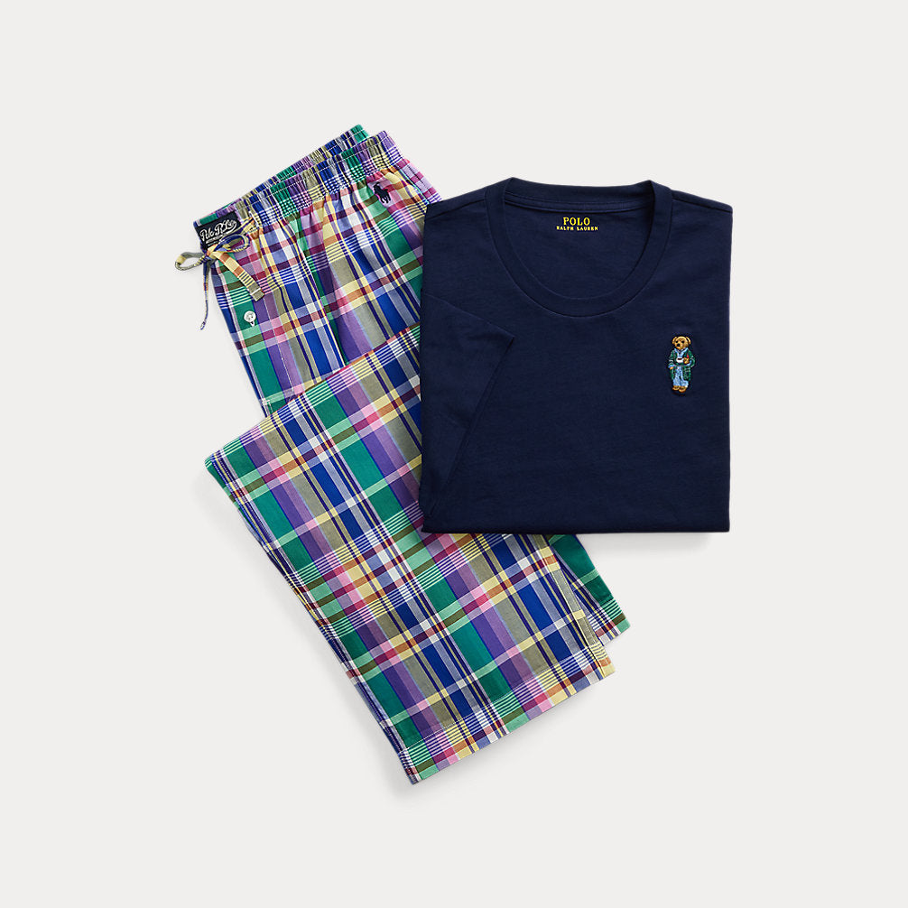 Polo Bear & Plaid Cotton Sleep Set Plaid & Tee