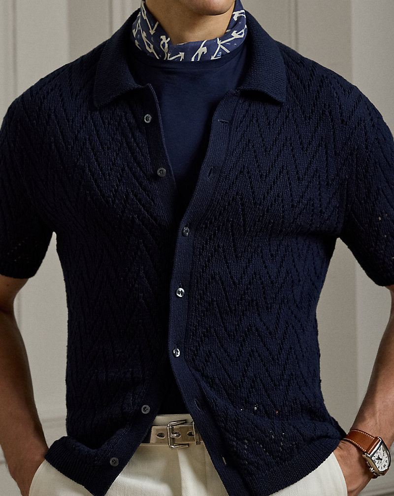 Textured Cotton Short-Sleeve Cardigan Classic Chairman Navy