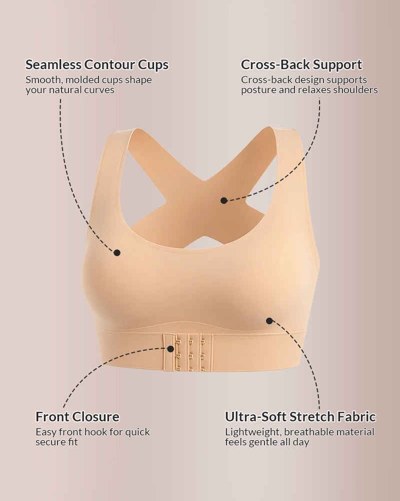Front Closure Cross-Back Wireless Back-Support Bra