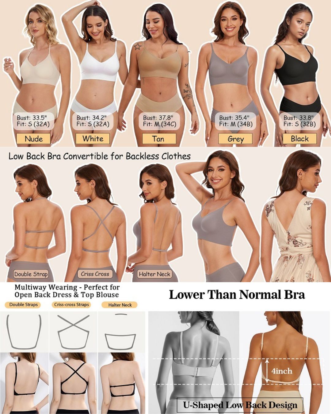 Soft Triangle Bralette Invisible Low Back with Multiple Tie Styling Options