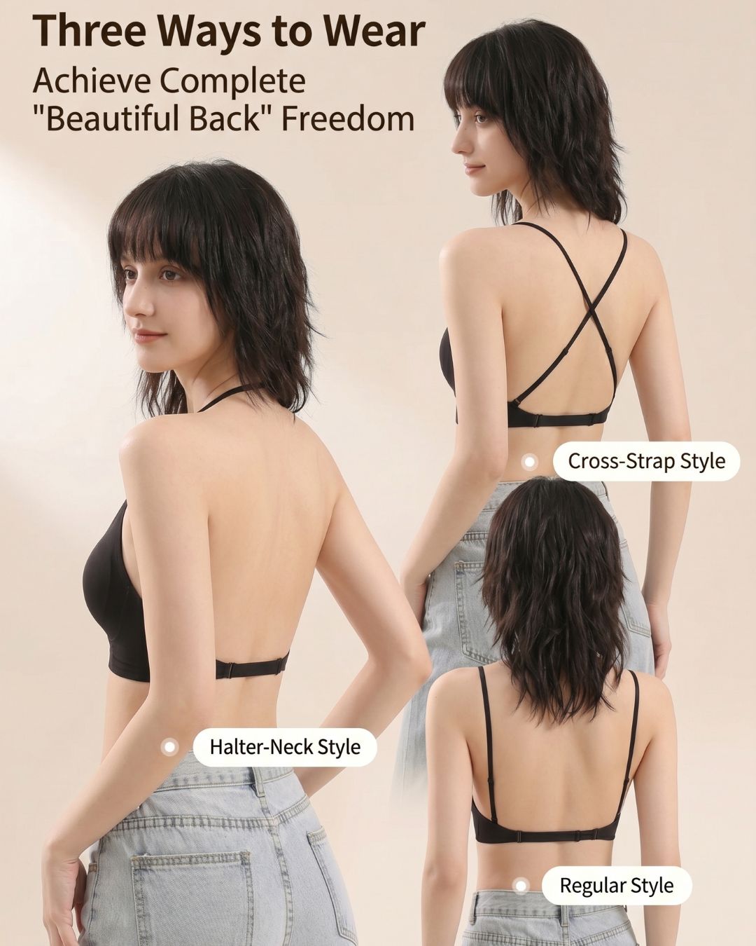 U-Back Invisible Halter Thin Straps Push-Up Seamless JellyBra Support Backless Lingerie