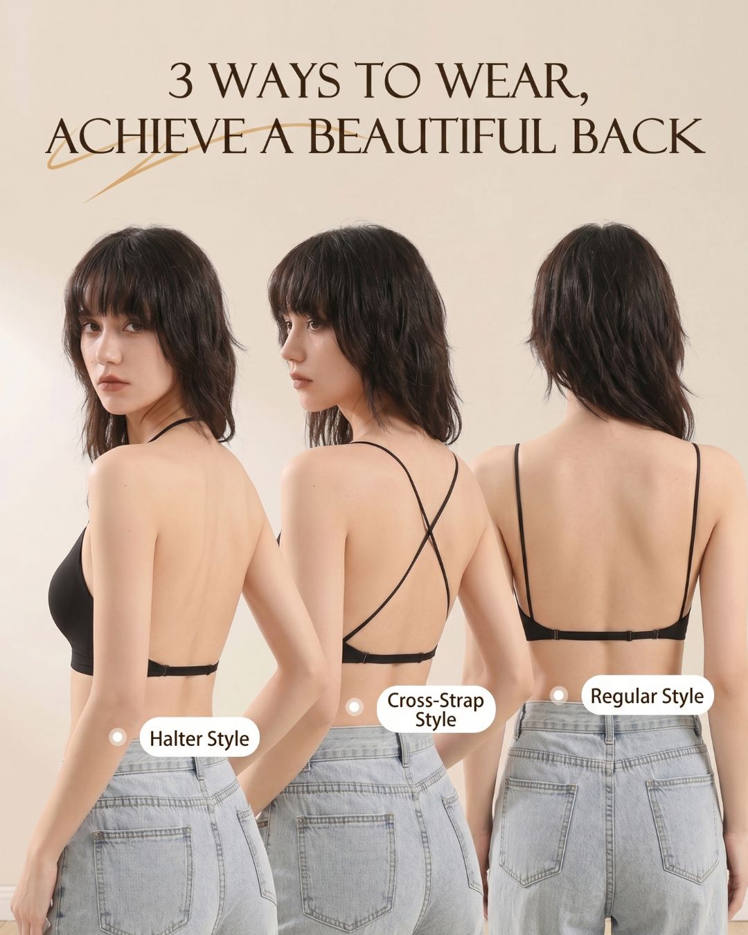 U-Back Invisible Halter Thin Straps Push-Up Seamless JellyBra Support Backless Lingerie