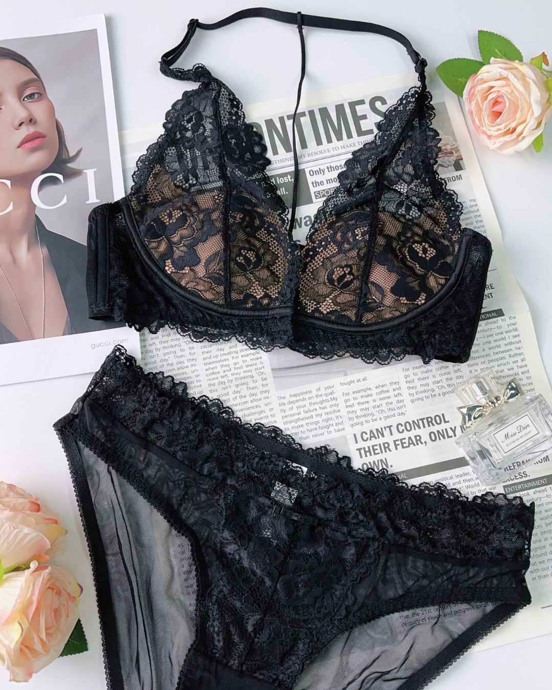 Floral Lace Halter Bralette & Cheeky Panties Lingerie Set