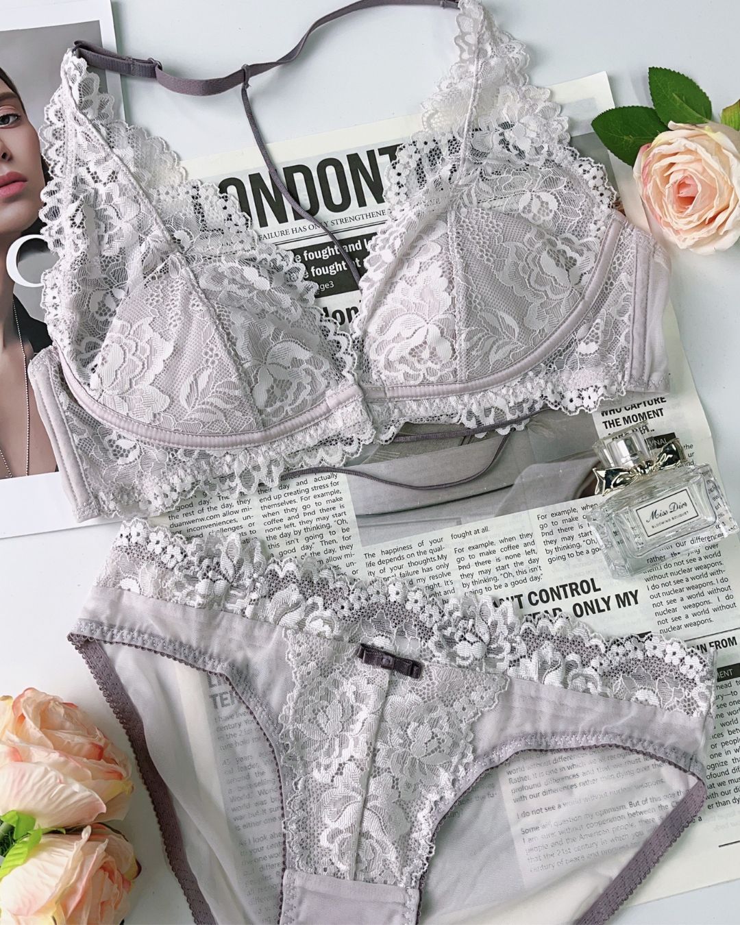 Floral Lace Halter Bralette & Cheeky Panties Lingerie Set