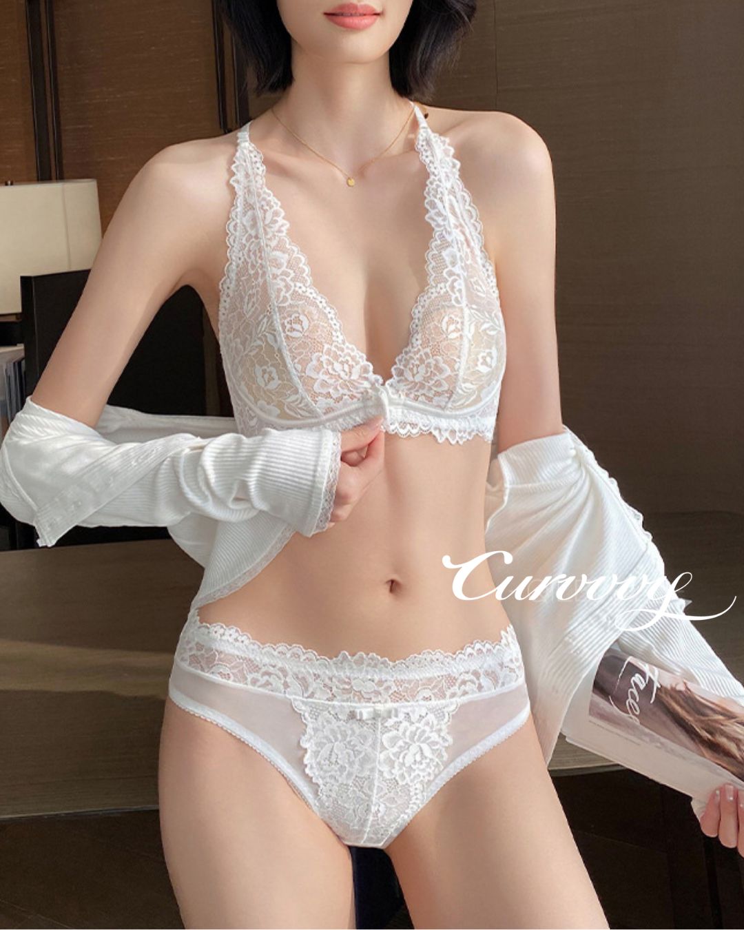 Floral Lace Halter Bralette & Cheeky Panties Lingerie Set