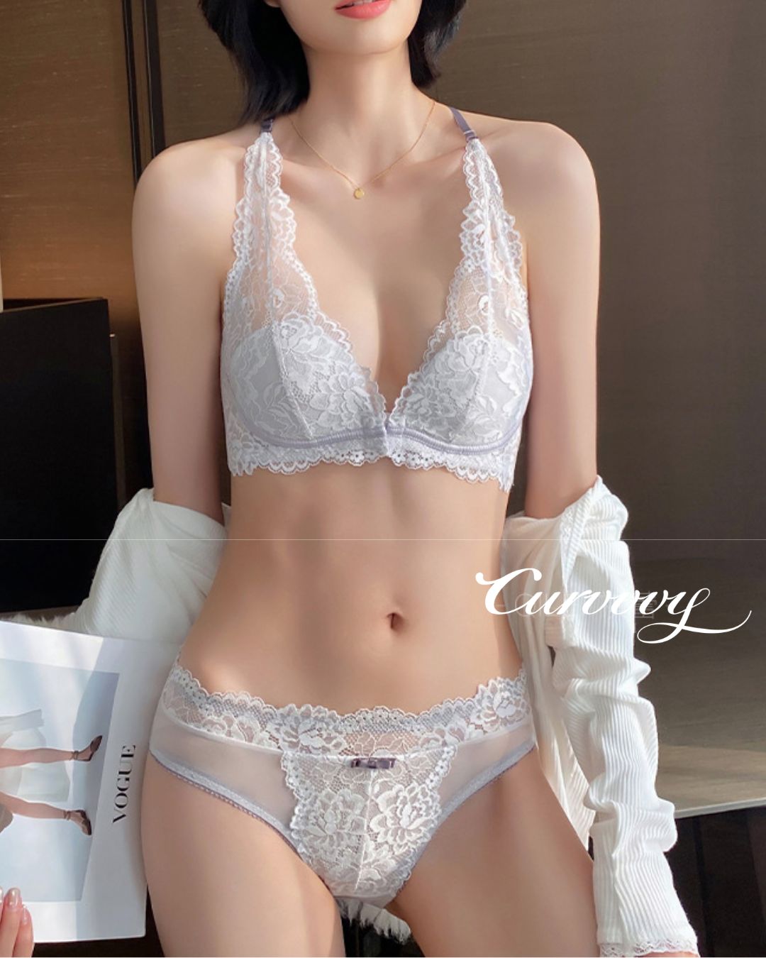 Floral Lace Halter Bralette & Cheeky Panties Lingerie Set