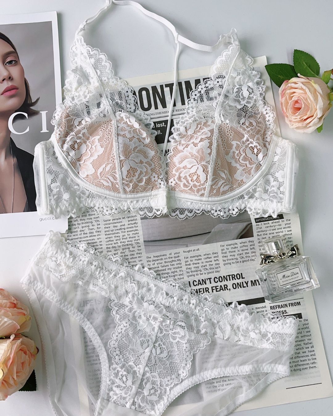 Floral Lace Halter Bralette & Cheeky Panties Lingerie Set