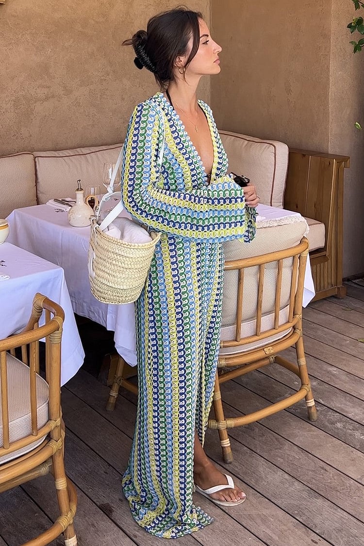 BOHO V NECK BELL SLEEVE WAVY STRIPED CROCHET BEACH VACATION MAXI DRESS
