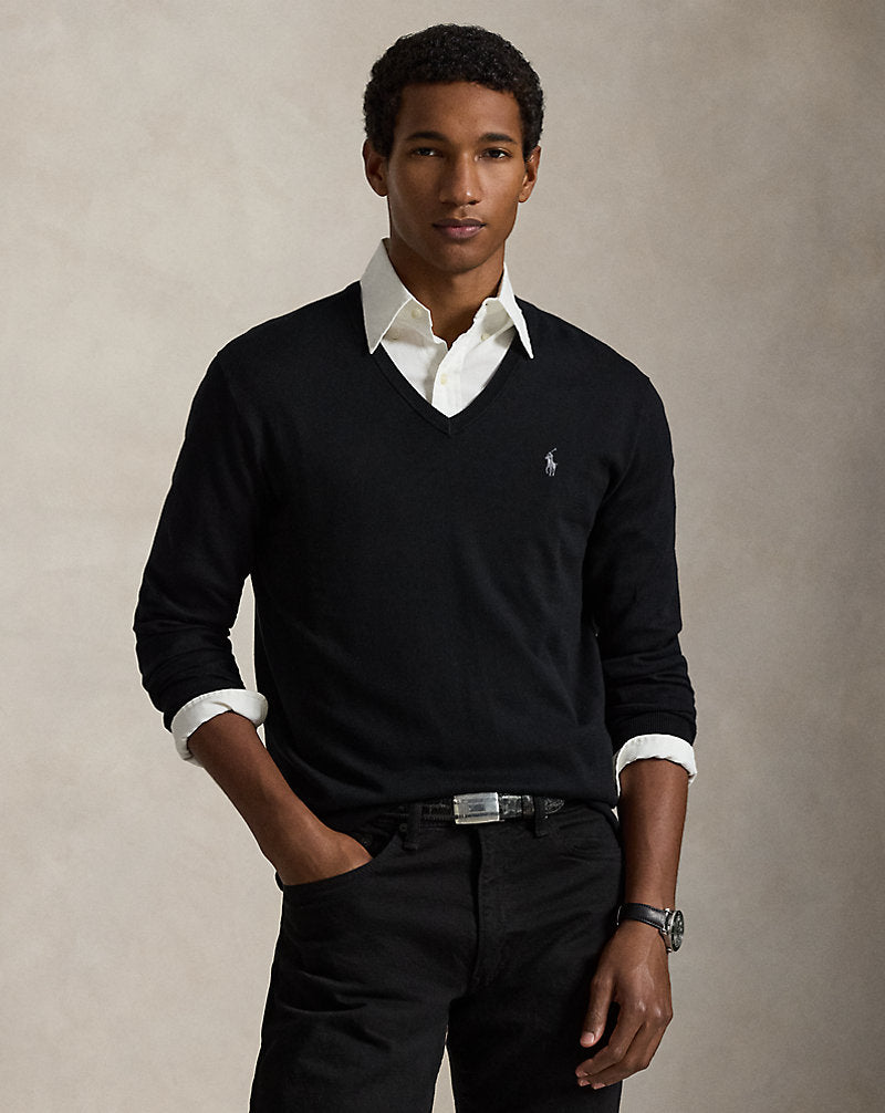 Slim Fit Cotton V-Neck Sweater Black