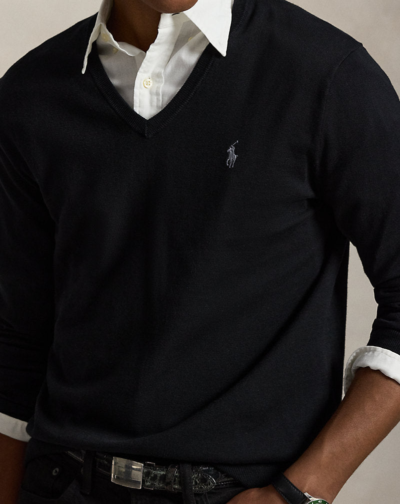 Slim Fit Cotton V-Neck Sweater Black