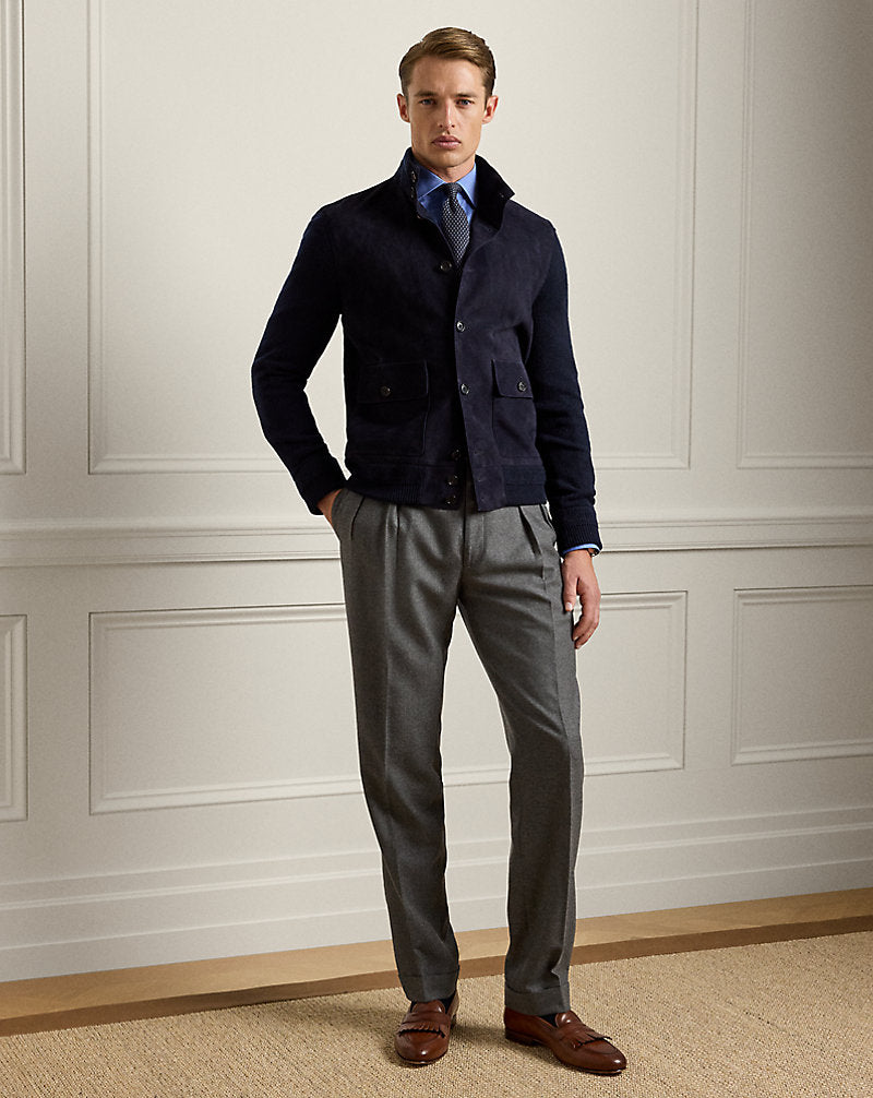 Suede-Front Cashmere Cardigan Classic Chairman Navy