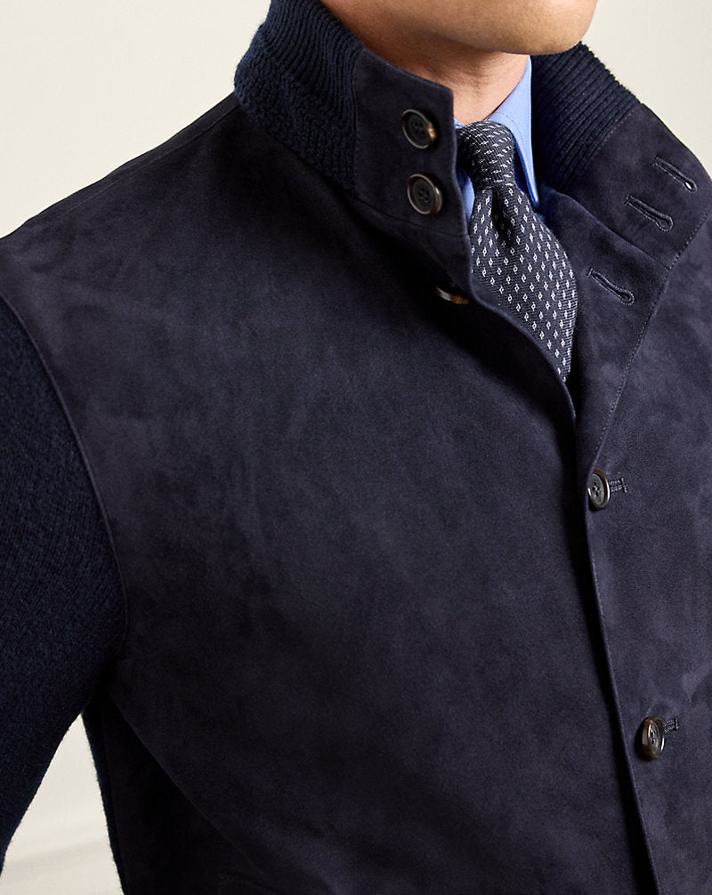 Suede-Front Cashmere Cardigan Classic Chairman Navy
