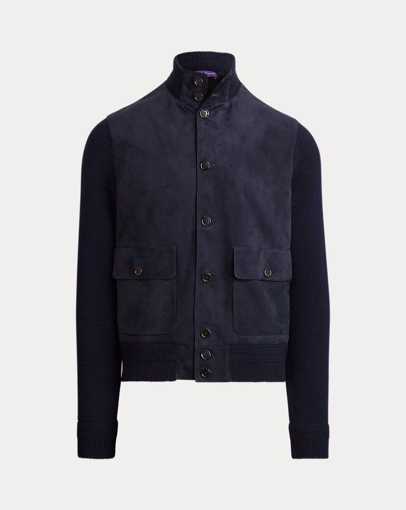 Suede-Front Cashmere Cardigan Classic Chairman Navy