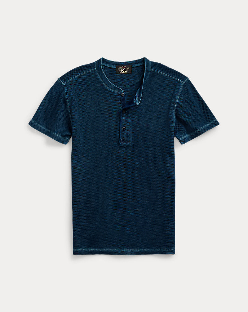 Waffle-Knit Short-Sleeve Henley Shirt Rinsed Blue Indigo