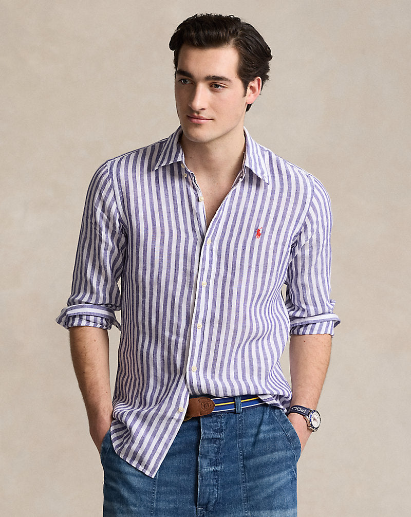 Custom Fit Striped Linen Shirt Purple/White