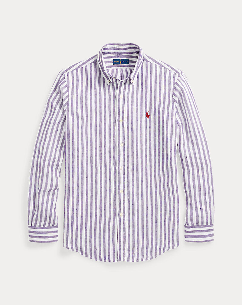 Custom Fit Striped Linen Shirt Purple/White