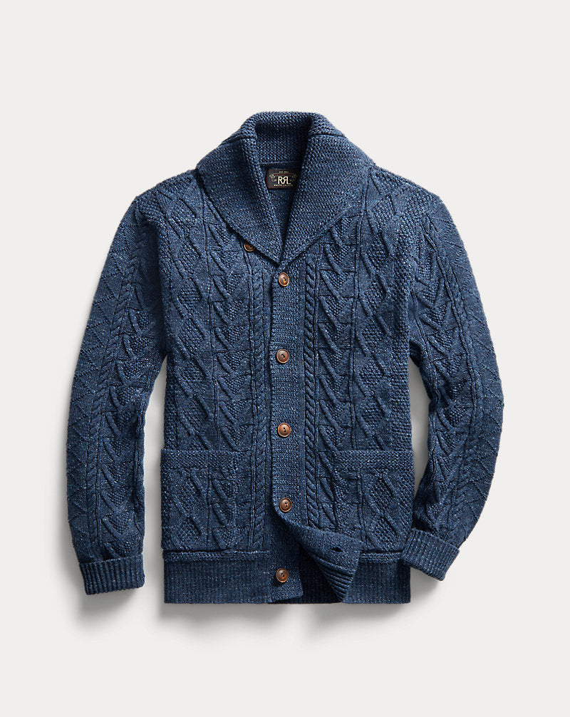 Aran-Knit Cotton Cardigan Navy Heather