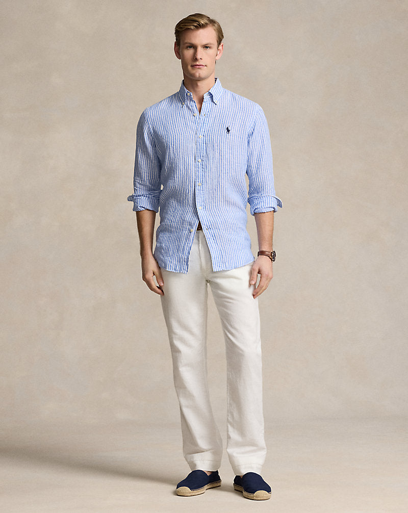 Custom Fit Striped Linen Shirt Blue/White