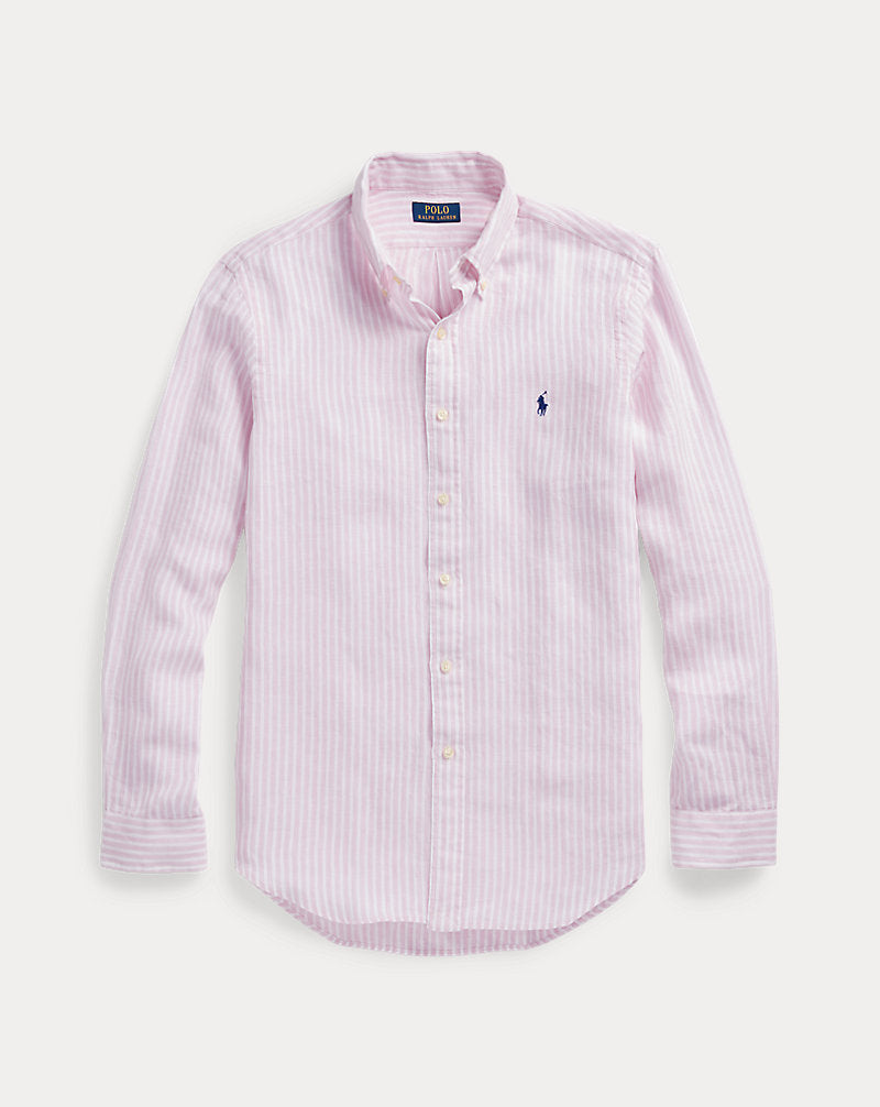 Custom Fit Striped Linen Shirt Pink/White