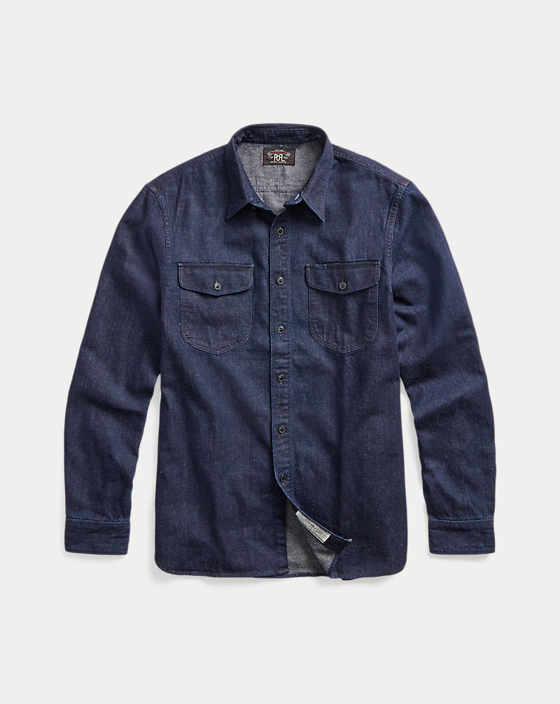 Indigo Cotton-Linen Denim Workshirt Rinse Wash