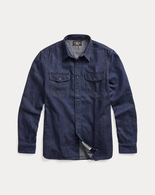 Indigo Baumwoll-Leinen-Denim-Arbeitshemd, Rinse Wash