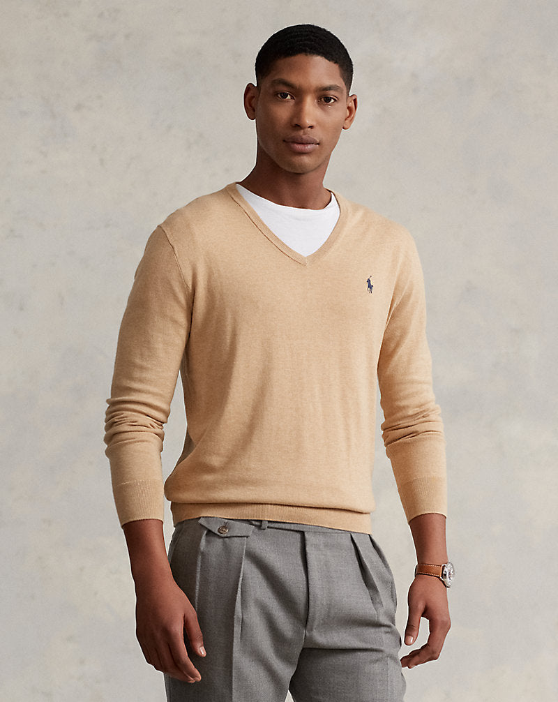 Slim Fit Textured Cotton Jumper Camel Melange