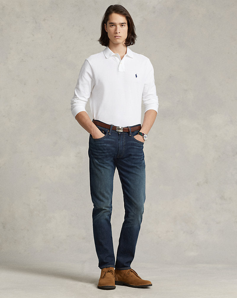 Slim Fit Mesh Long-Sleeve Polo White