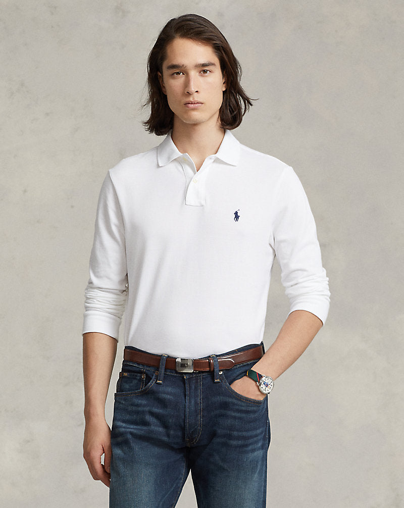 Slim Fit Mesh Long-Sleeve Polo White